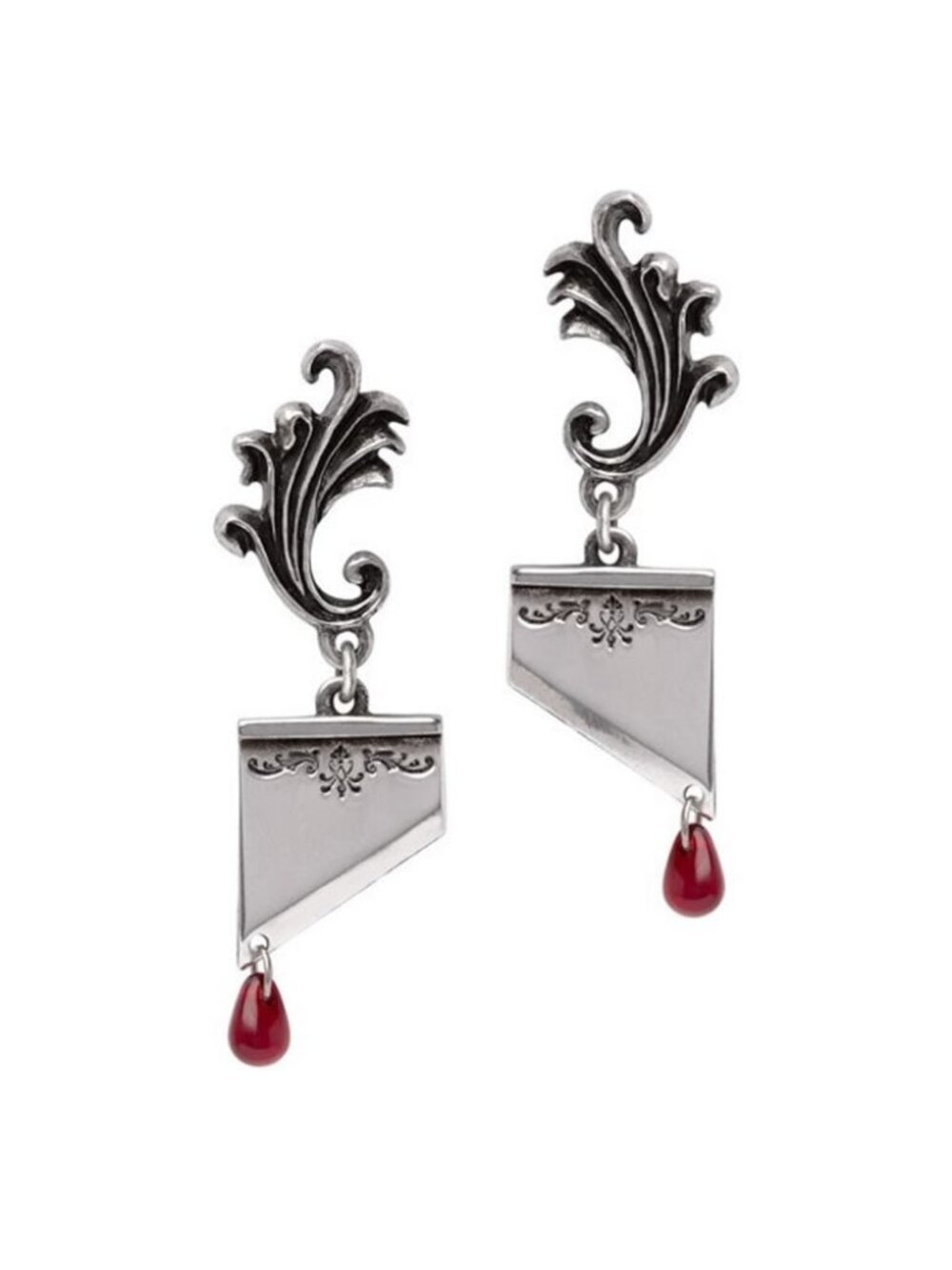 Alchemy Gothic Marie Antoinette Guillotine Earrings Red Crystals NWT